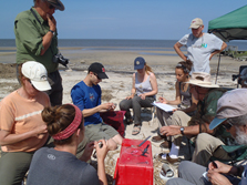 students banding birds at the beach