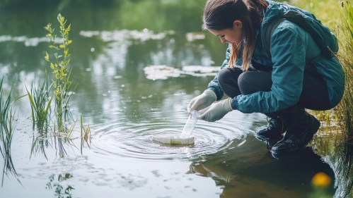 A student wearing gloves takes a water sample