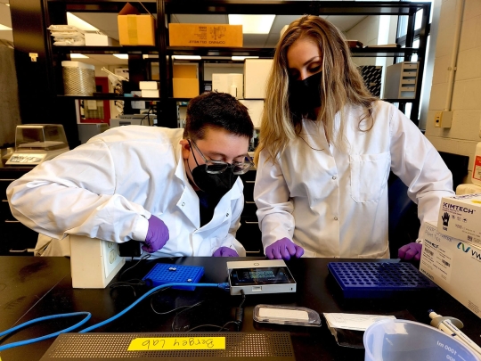 Ph.D. students Becca DeCamp and Lindsey Hauff peer over a DNA sequencing run on the Oxford Nanopore MinION